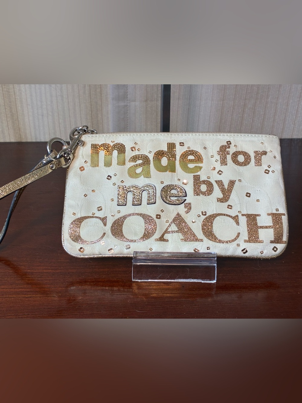 Coach Cream Wristlet with Rose Gold and Gold Glitter Logo